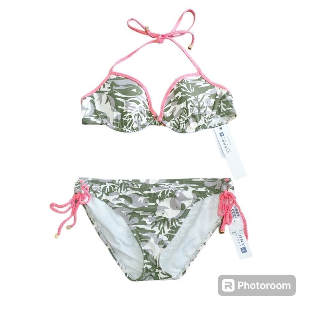 Sperry Women's Marina Corps Bikini Swimsuit Sz L Beach Vacation Resort Camo Fish